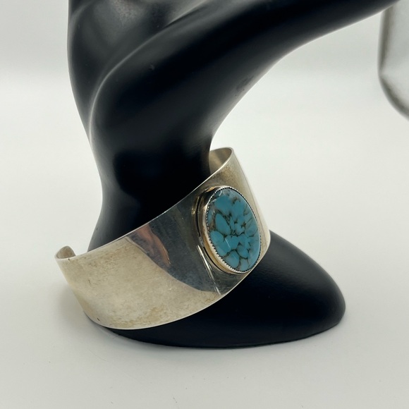 Danecraft sterling silver wide cuff bracelet blue cabochon stone vintage - Picture 2 of 16